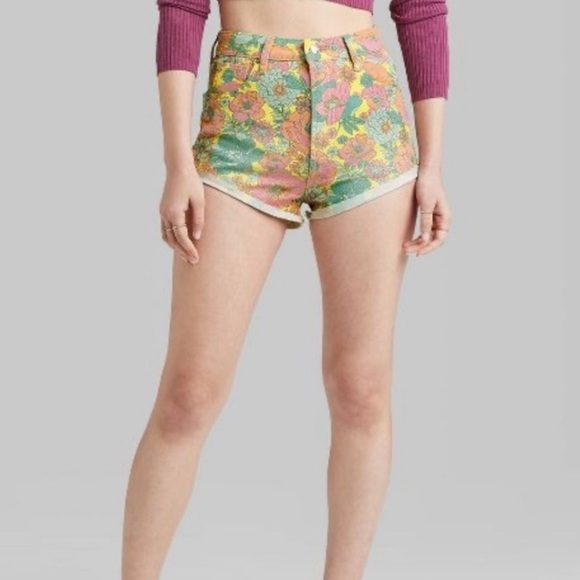 𝅺wild fable plus Women's Super-High Rise Cheeky Jean Shorts multicolor floral - Picture 2 of 6